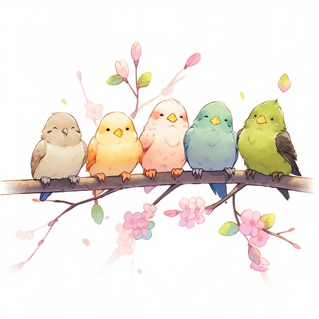 uma pintura de pássaros em um galho com flores ao fundo.
