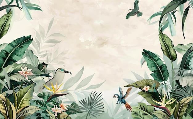uma pintura de pássaros no céu e as folhas