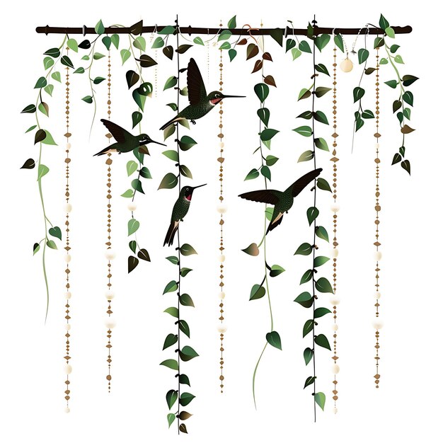 Foto uma pintura de pássaros voando no céu com folhas e videiras