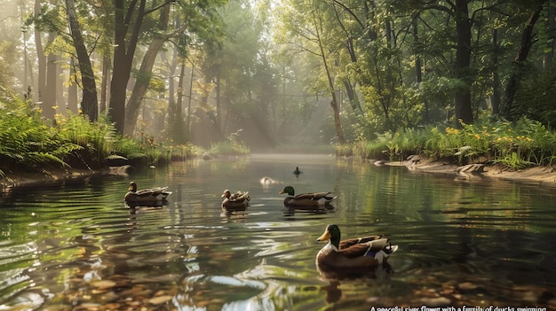 uma pintura de patos nadando em uma lagoa com árvores no fundo