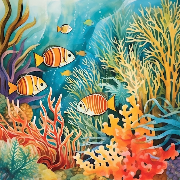 uma pintura de peixes e corais com as palavras quot fish quot no fundo