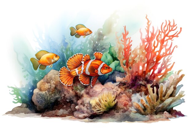 uma pintura de peixes e corais com as palavras peixes na parte inferior