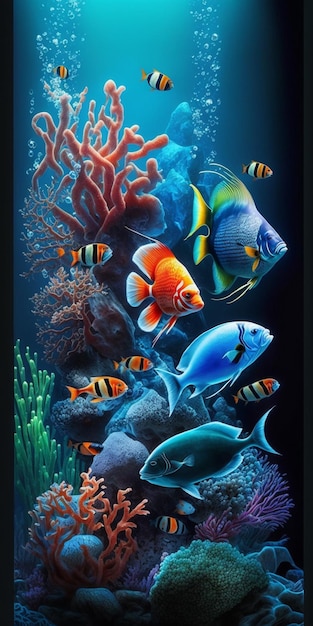 Uma pintura de peixes e corais é exibida em uma sala escura.