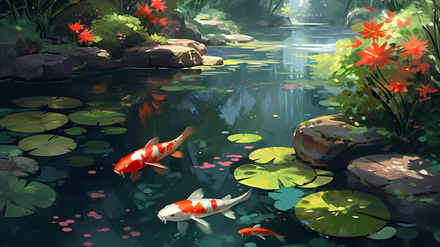 Uma pintura de peixes koi em uma lagoa