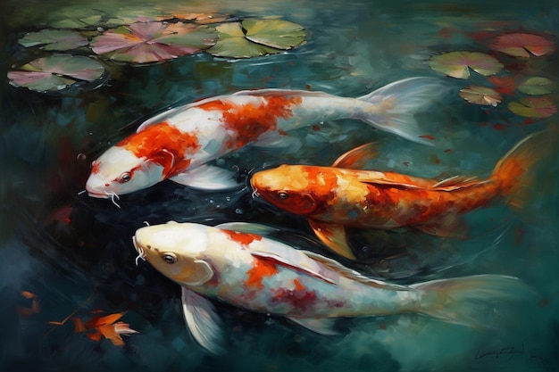 Uma pintura de peixes koi em uma lagoa