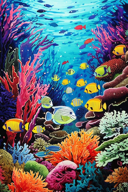 uma pintura de peixes tropicais coloridos e corais