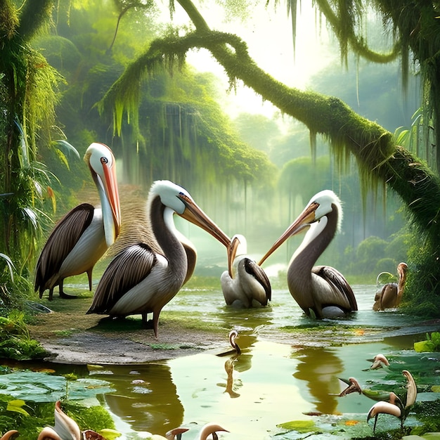 Uma pintura de pelicanos em uma selva com pássaros na água.