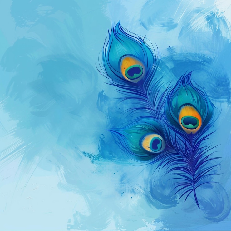 Foto uma pintura de penas de pavão com um fundo azul com olhos amarelos