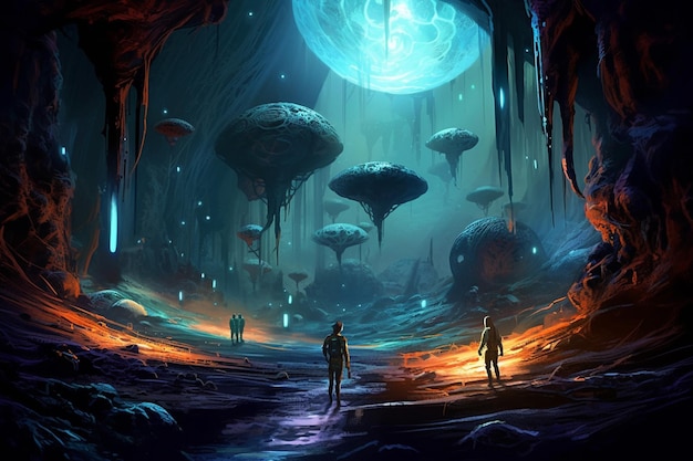 Uma pintura de pessoas caminhando por uma caverna com uma grande lua ao fundo.