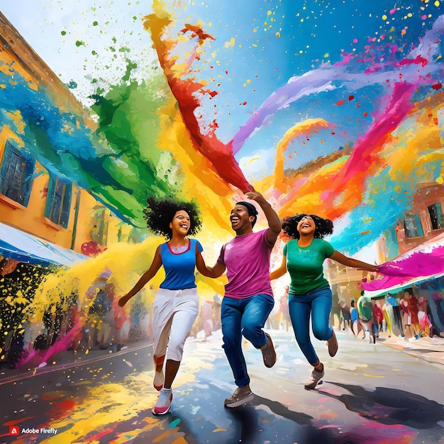 uma pintura de pessoas correndo com corantes coloridos