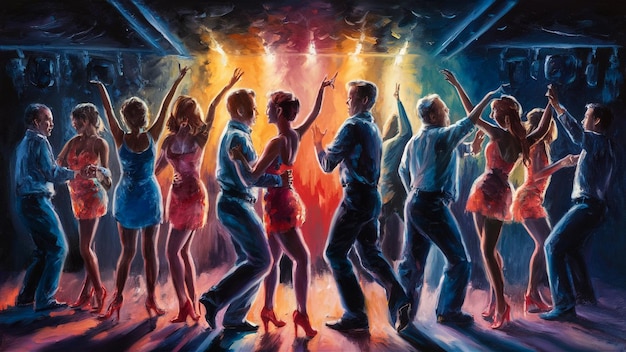 uma pintura de pessoas dançando no escuro