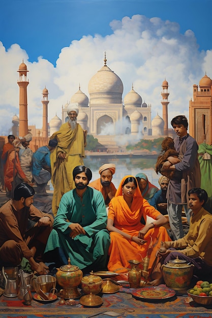 uma pintura de pessoas em frente a uma mesquita