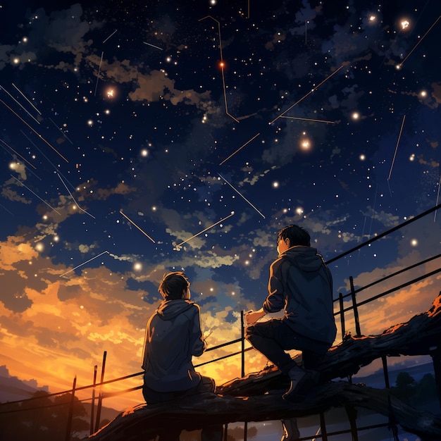 uma pintura de pessoas sentadas em um telhado com as palavras "céu noturno"