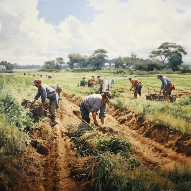 uma pintura de pessoas trabalhando em um campo com algumas outras pessoas.