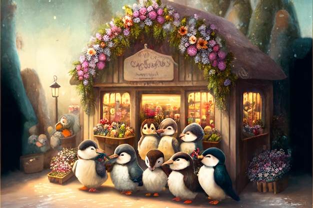 Uma pintura de pinguins em frente a uma loja.