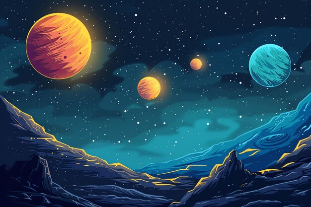 uma pintura de planetas no céu noturno