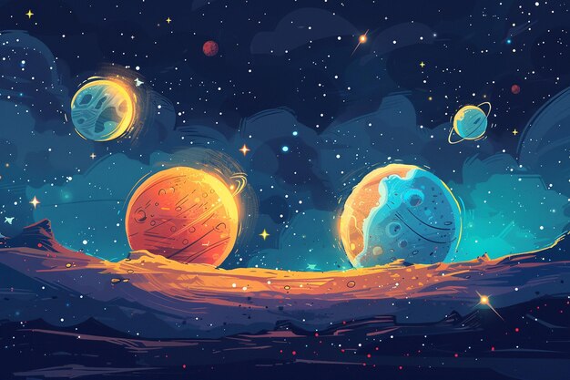 uma pintura de planetas no céu noturno