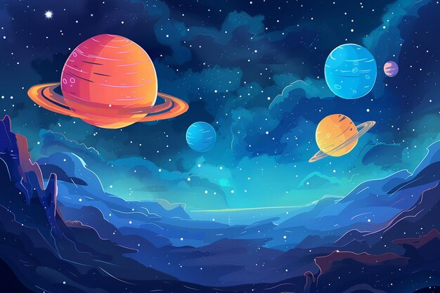 uma pintura de planetas no céu noturno