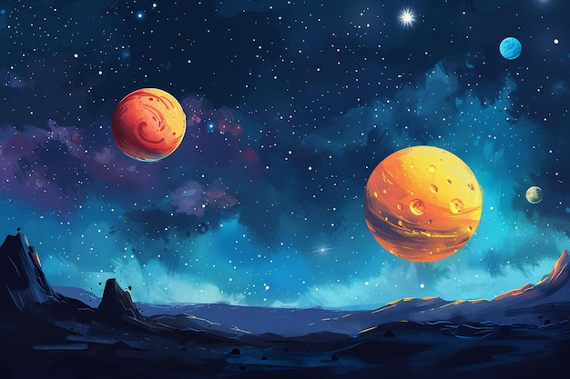 uma pintura de planetas no céu noturno