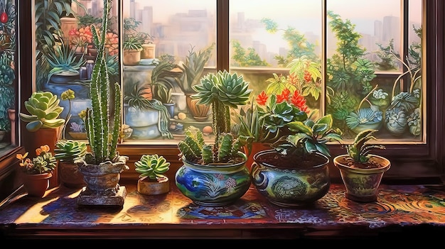 Uma pintura de plantas em um peitoril da janela