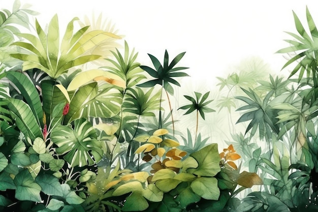 Uma pintura de plantas tropicais com fundo verde.