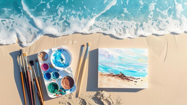 Foto uma pintura de praia na mesa com pincéis de pintura suprimentos de escritório sob o céu aig