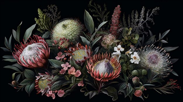 Uma pintura de proteas e outras flores.