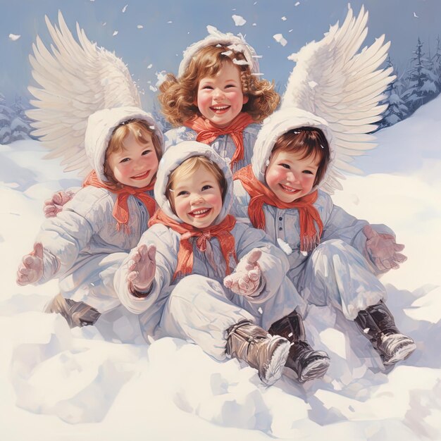 Foto uma pintura de quatro crianças na neve com asas de anjo