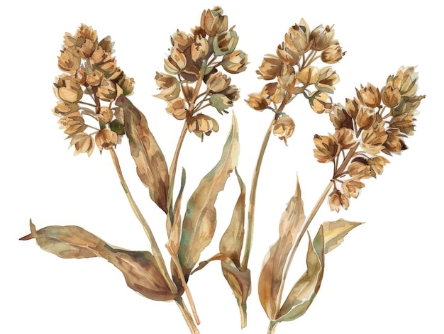 Uma pintura de quatro flores secas com caules castanhos