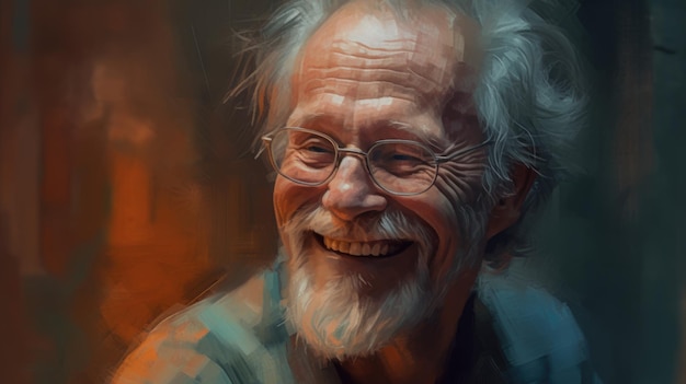 Uma pintura de retrato de um homem mais velho sorridente em um estilo de pintura a óleo sobre tela Generative AI AIG21