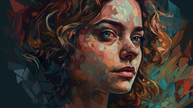 Uma pintura de retrato surrealista abstrata de uma mulher com cabelos coloridos e pinturas futuristas de mulheres com cabelos e olhos coloridos