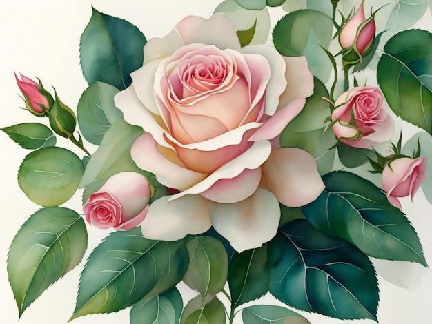 uma pintura de rosas com folhas verdes