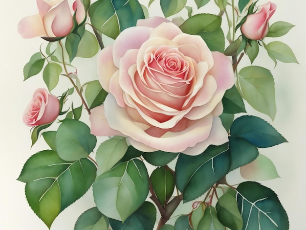 uma pintura de rosas com folhas verdes