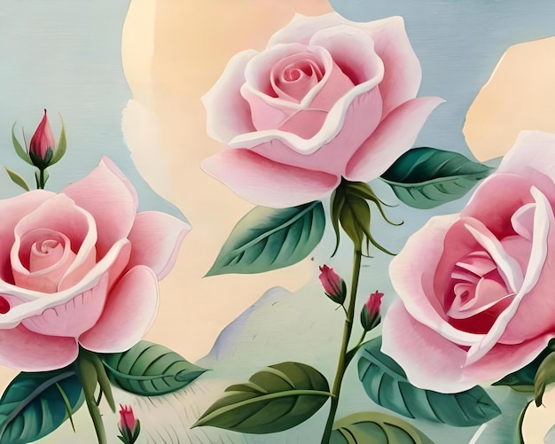 uma pintura de rosas cor de rosa em um fundo branco gerado por ai