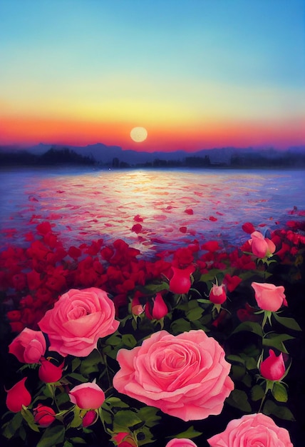 Uma pintura de rosas cor de rosa na frente de um pôr do sol.