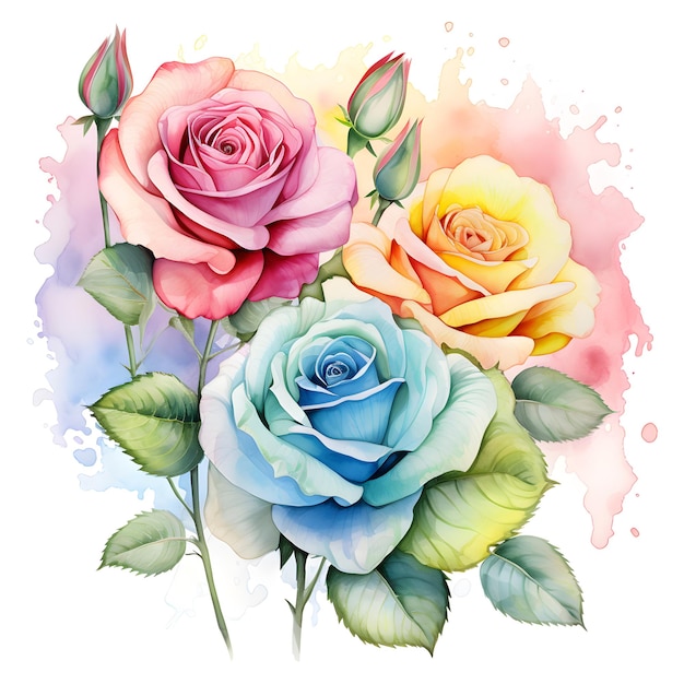 uma pintura de rosas e folhas com um fundo rosa