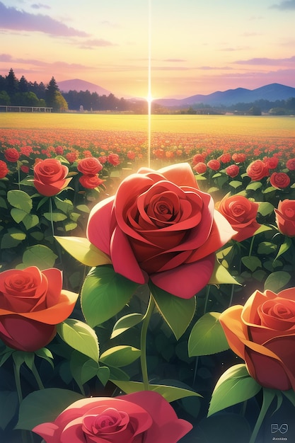 Foto uma pintura de rosas em um campo com o sol se pondo atrás dele.