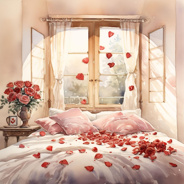 uma pintura de rosas em uma cama com um vaso de corações