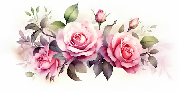 uma pintura de rosas rosas com folhas verdes e folhas rosas