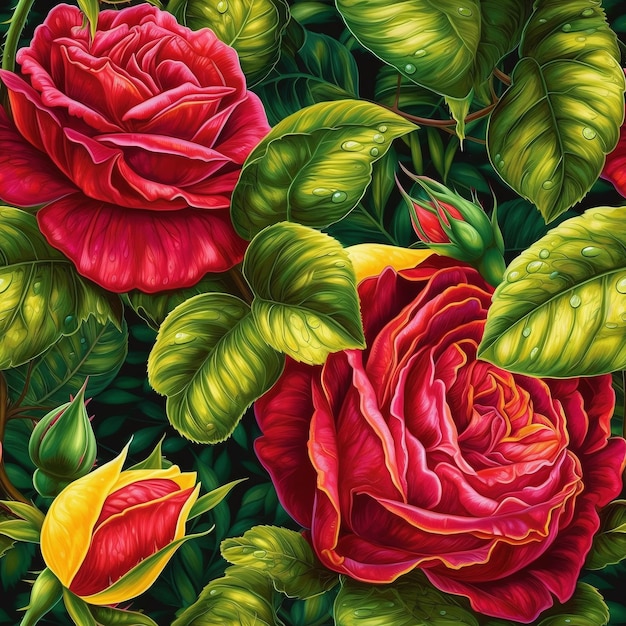 Uma pintura de rosas vermelhas com folhas verdes