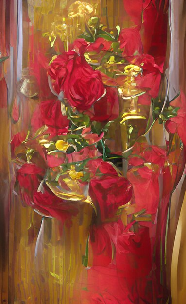 Uma pintura de rosas vermelhas em um vaso com uma fita dourada em volta.