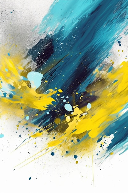Uma pintura de tinta azul e amarela com a palavra " on it ".