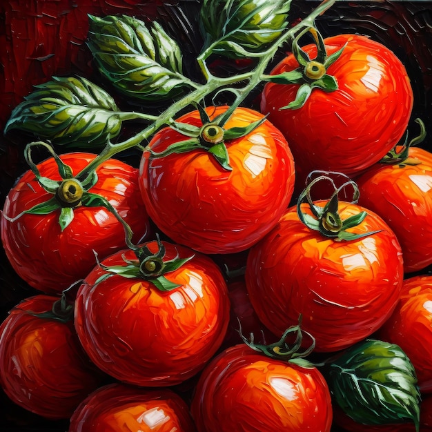 Uma pintura de tomates com uma folha verde.