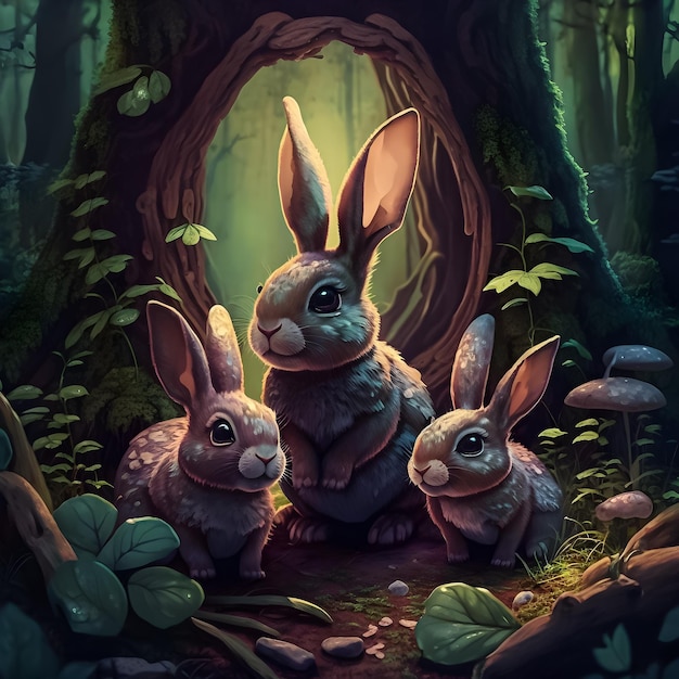 Uma pintura de três coelhos em um toco de árvore com cogumelos no fundo.
