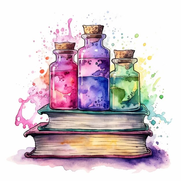 Uma pintura de três garrafas de líquido em cima de um livro ai generativo