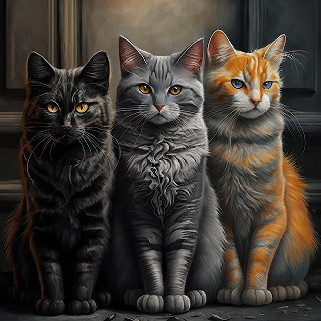 Uma pintura de três gatos com olhos amarelos e um gato preto e cinza.