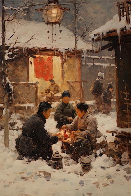 Foto uma pintura de três homens na frente de uma cabana chinesa