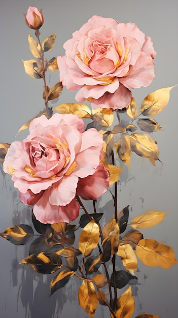uma pintura de três rosas cor de rosa com folhas douradas Pintura em guache de uma flor dourada Perfeito para
