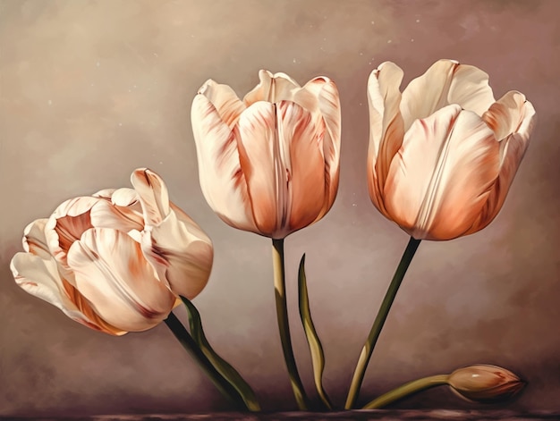 Uma pintura de três tulipas com as palavras "primavera" na parte inferior.