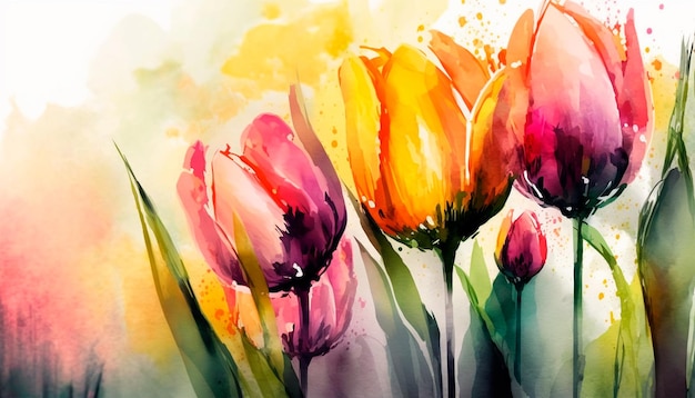 Uma pintura de tulipas coloridas com cores amarelas e vermelhas.